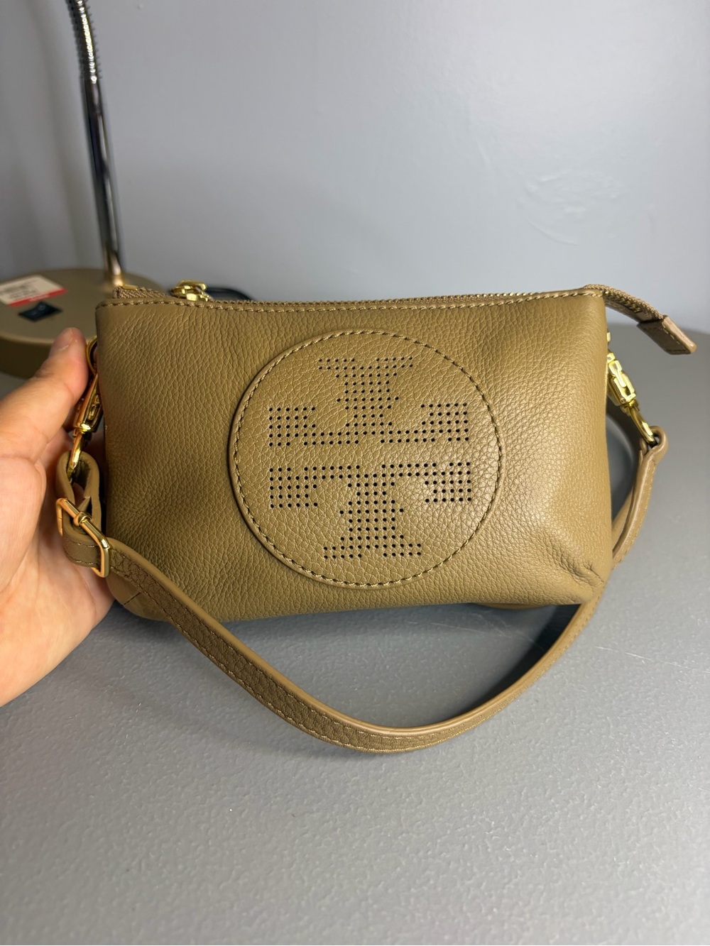 Tory Burch Perforated Logo Leather Crossbody mini bag - Taupe